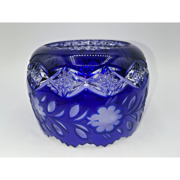 Vintage Czech Bohemian Blue Cobalt Cut to Clear Oval Sawtooth Crystal Bowl - Picture 14 of 16